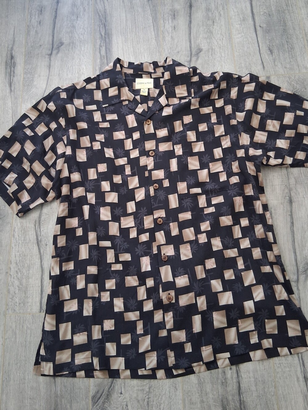 Men's Black Button-Up Camp Shirt with Beige Square Print